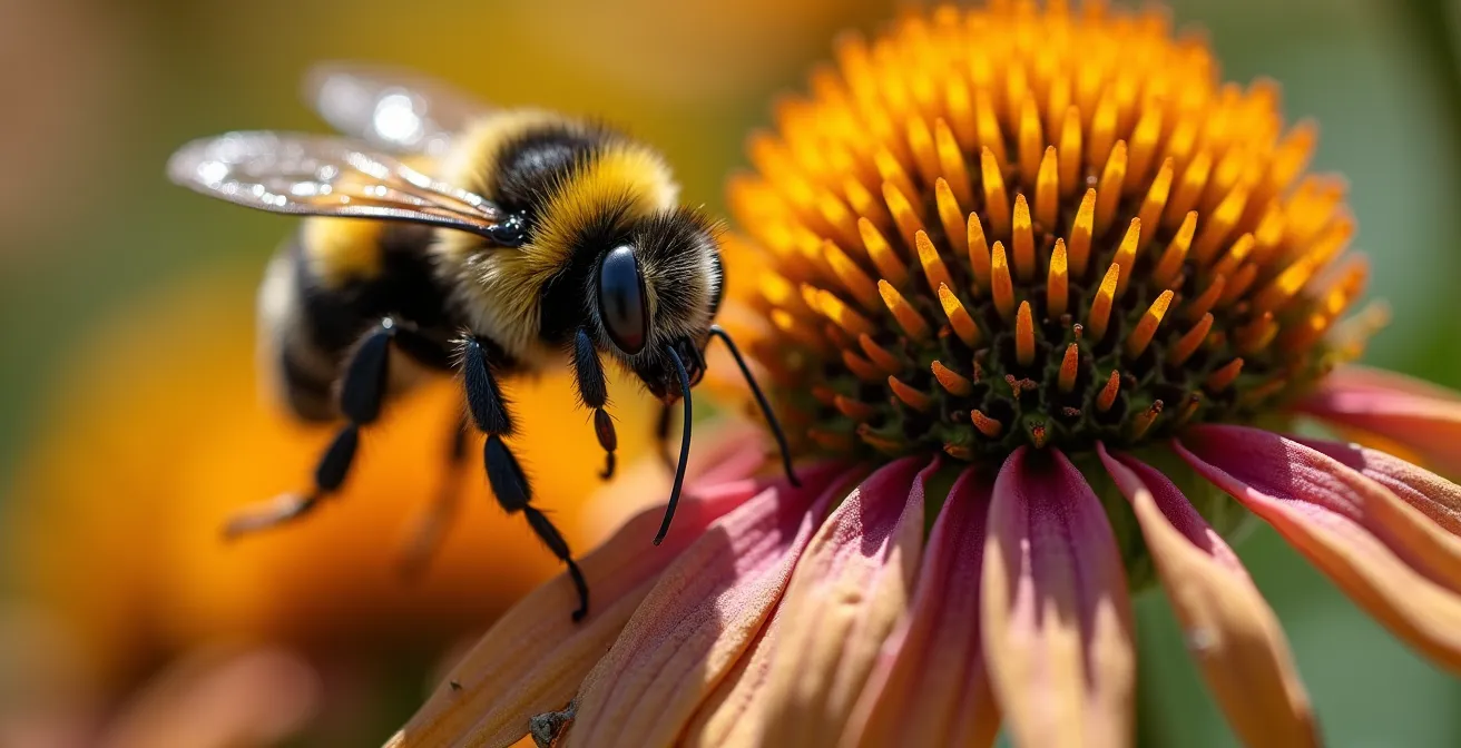 Abeilles et bourdons en détresse dans un jardin d'août avec peu de fleurs disponibles