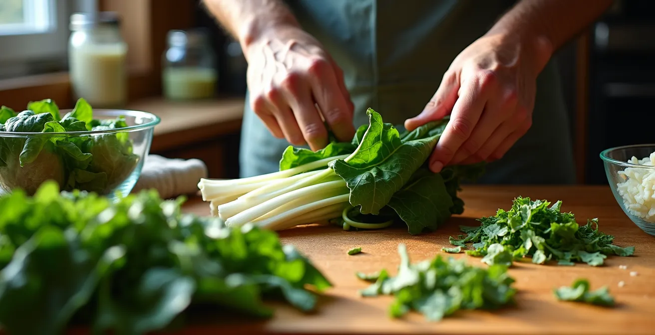Transformation de blettes fraîches en différentes préparations dans une cuisine zéro déchet