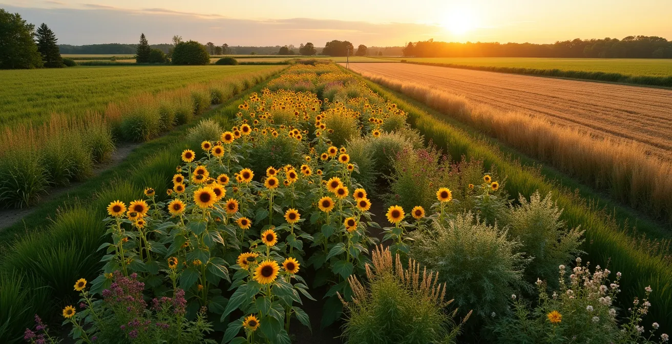 Vue aérienne d'un jardin diversifié avec tournesols et plantes à graines attirant différentes espèces d'oiseaux
