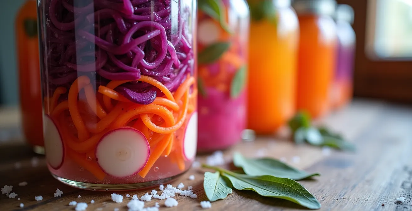 Bocaux de légumes lactofermentés colorés montrant les étapes du processus de fermentation