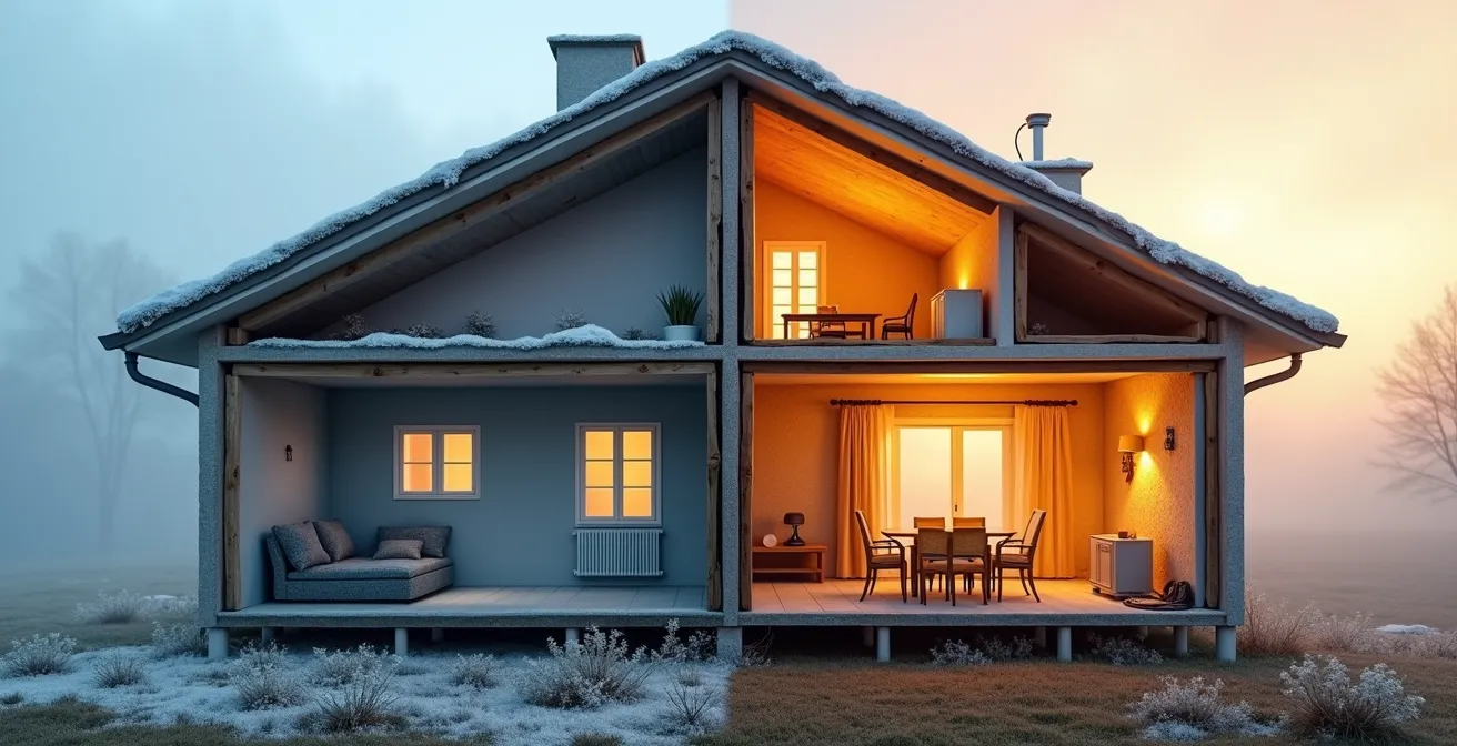 Coupe transversale d'une maison montrant les différents travaux de rénovation énergétique globale : isolation des combles, des murs, nouvelles fenêtres et système de chauffage performant.