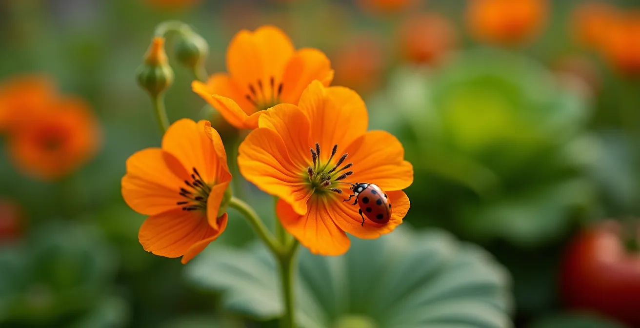 Capucines orange attirant des pucerons avec coccinelles prédatrices à proximité dans un potager