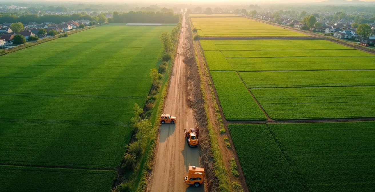 Vue aérienne montrant la frontière entre zones agricoles préservées et zones d'urbanisation future