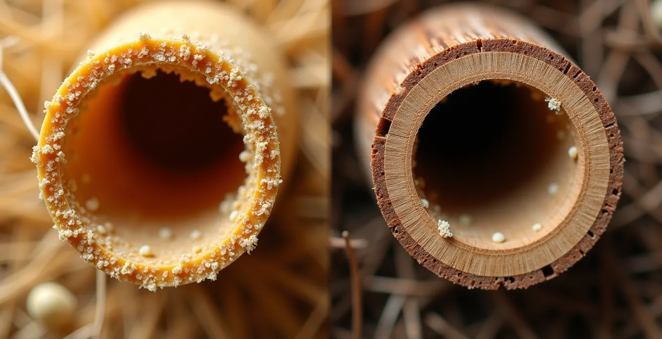 Comparaison macro entre des tubes de bambou bien préparés et des bûches percées montrant les différences de texture