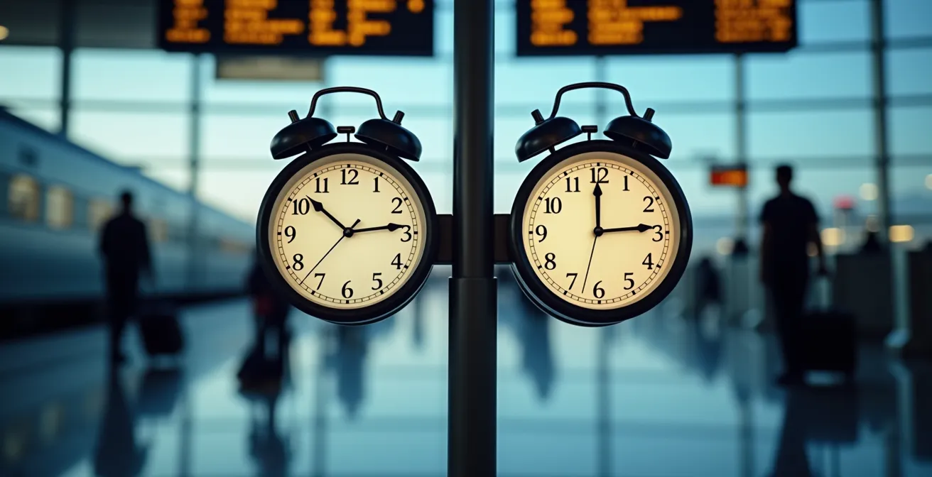 Infographie comparative montrant les étapes chronométrées d'un voyage en train versus en avion