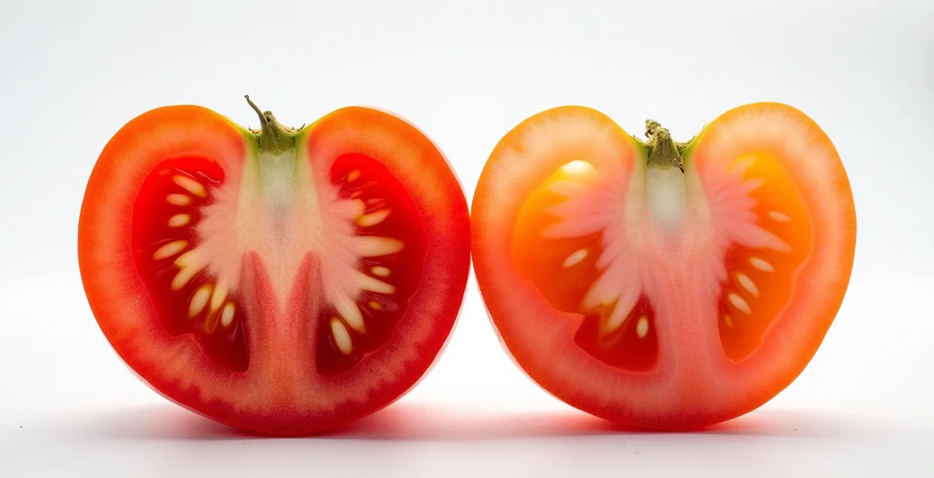 Coupe transversale de deux tomates montrant la différence de chair et de texture entre F1 et variété ancienne