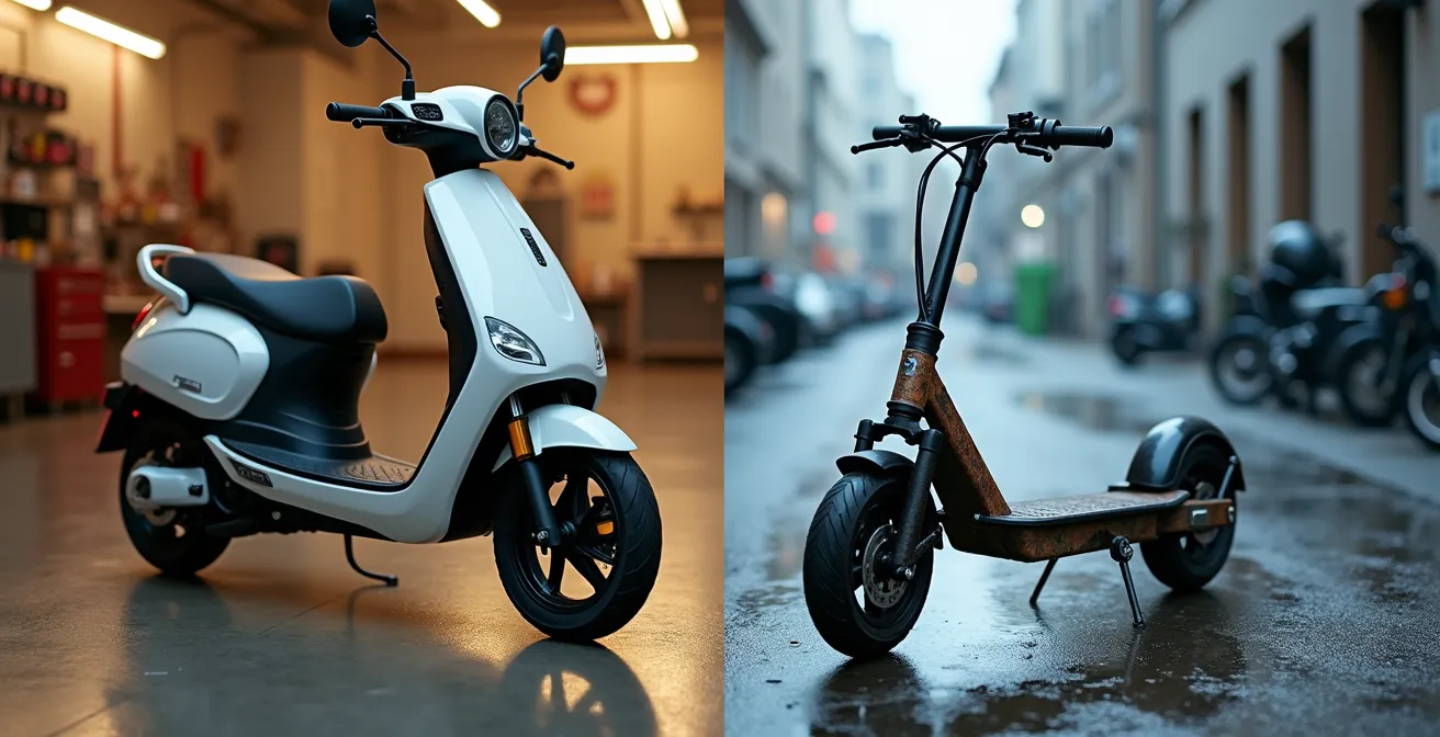 Comparaison visuelle entre une trottinette personnelle bien entretenue et une trottinette de libre-service usée