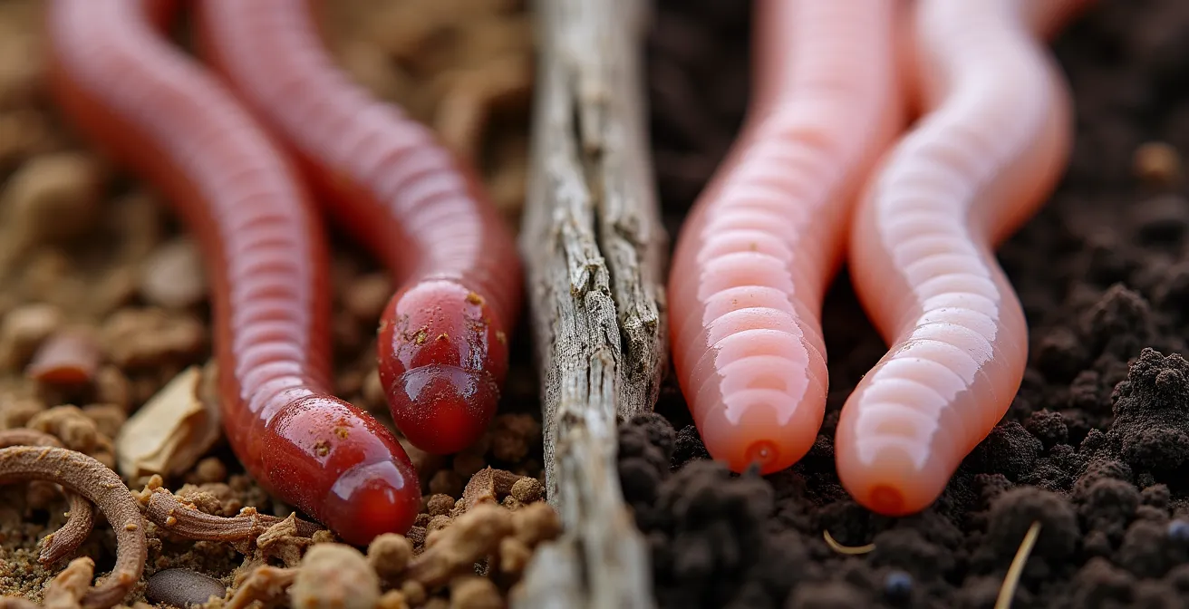 Comparaison visuelle entre vers de compost Eisenia fetida et vers de jardin endogés