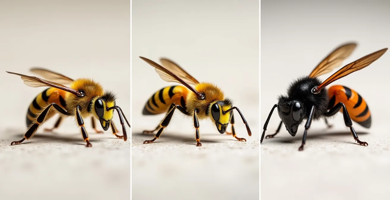 Comparaison côte à côte d'une guêpe, d'une abeille et d'un frelon asiatique montrant leurs différences morphologiques