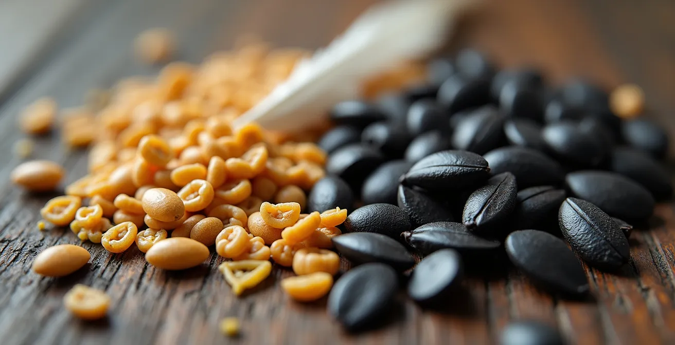 Comparaison macro de différentes graines pour oiseaux montrant leurs textures et tailles