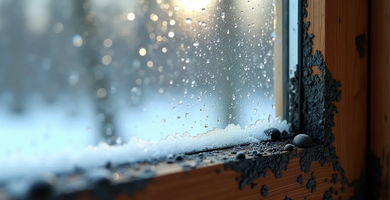 Fenêtre simple vitrage avec condensation importante et moisissures naissantes autour du cadre