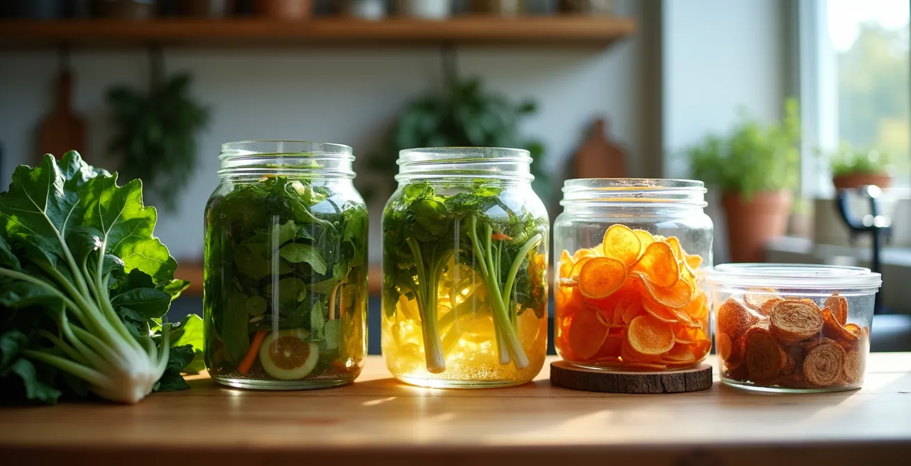 Bocaux de légumes fermentés et techniques de conservation zéro déchet illustrant la gestion de l'abondance