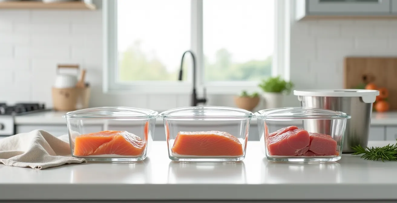 Arrangement minimaliste montrant des contenants hermétiques en verre et inox pour la conservation sécurisée de la viande et du poisson