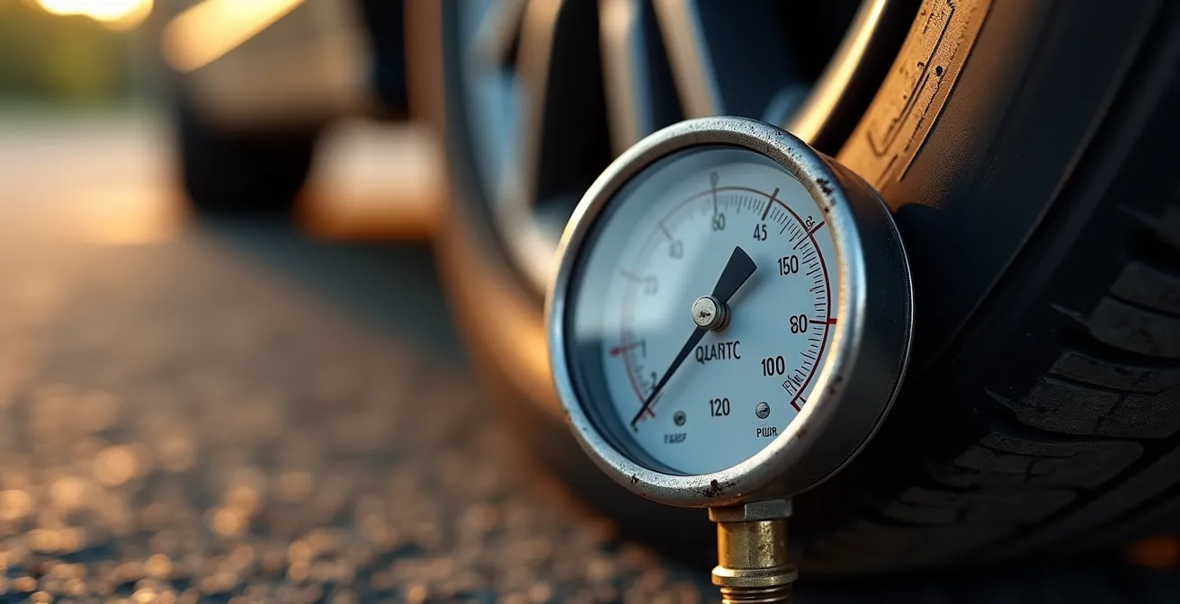 Gros plan sur un manomètre de gonflage de pneu avec la valve en arrière-plan