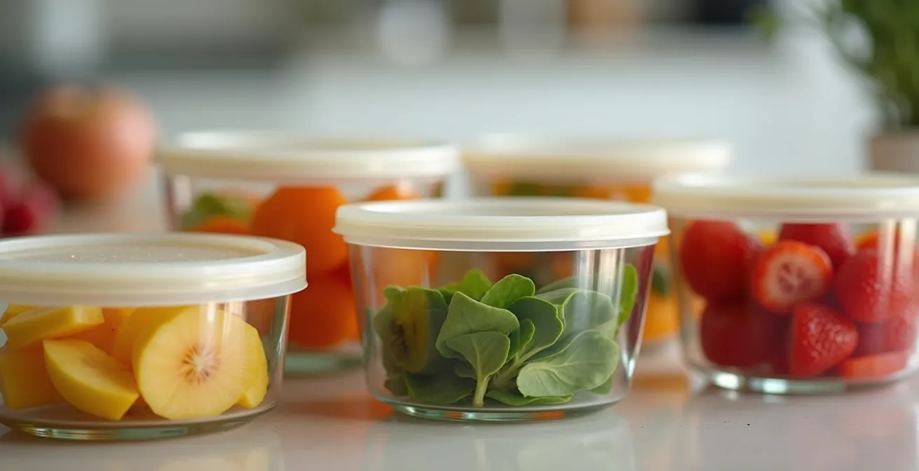 Vue macro détaillée de couvercles en silicone extensibles sur différents récipients