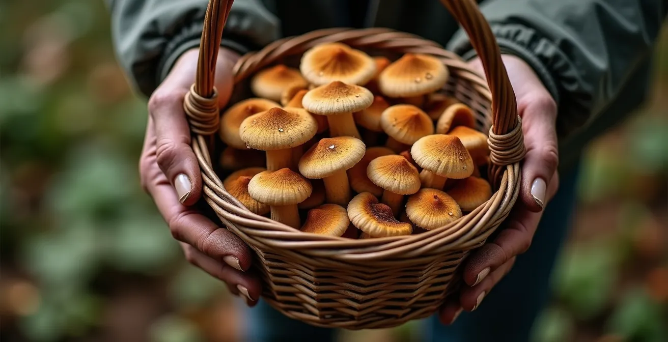 Cueilleur de champignons avec panier en osier dans une forêt d'automne