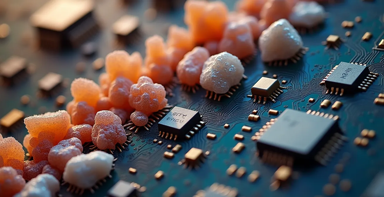 Vue macro de terres rares et composants électroniques symbolisant l'extraction et la fabrication