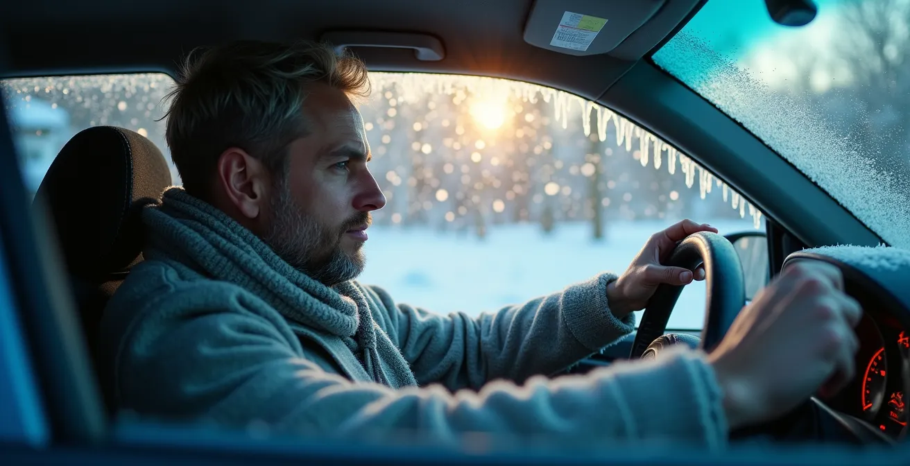 Voiture démarrant par temps hivernal avec vapeur d'échappement visible et givre sur le pare-brise