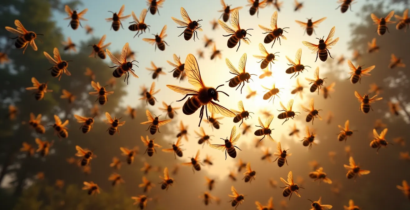 Nuée dense de frelons asiatiques en vol défensif autour de leur nid perturbé