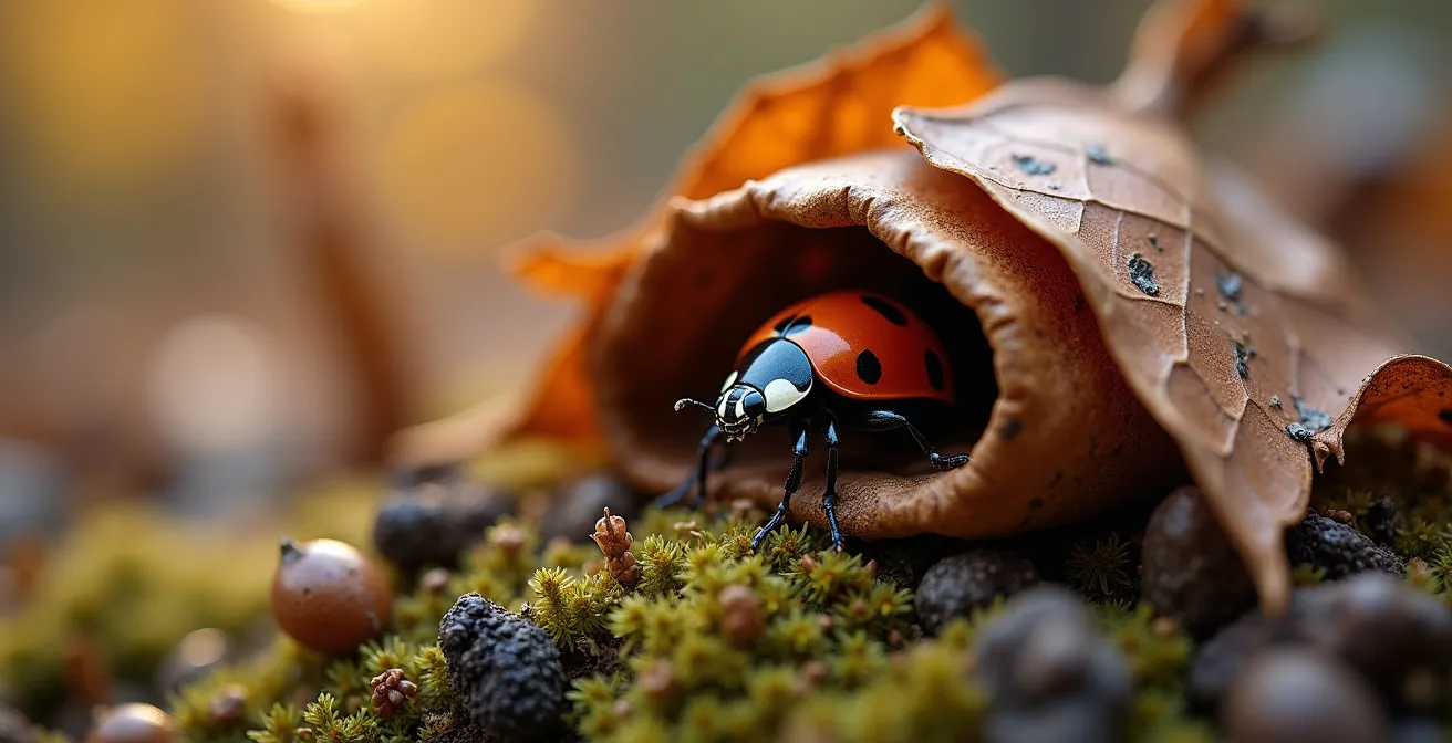 Tas de feuilles mortes et tiges creuses servant d'abri hivernal aux coccinelles et carabes