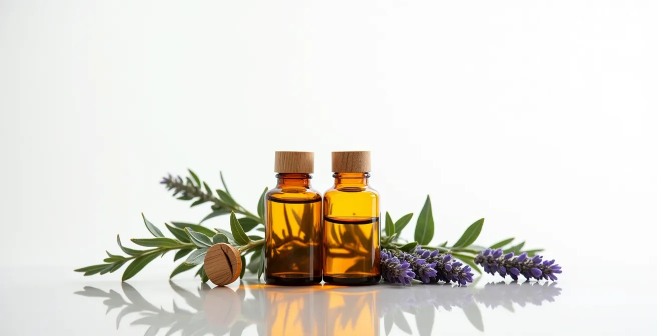 Composition minimaliste de flacons d'huiles essentielles ambrés avec branches de lavande et eucalyptus sur fond blanc