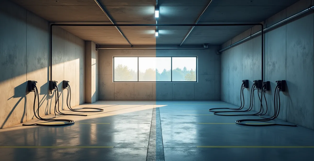 Comparaison visuelle entre une installation individuelle et une infrastructure collective dans un parking