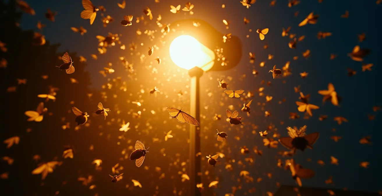 Nuage d'insectes tourbillonnant autour d'un lampadaire la nuit illustrant l'effet aspirateur mortel