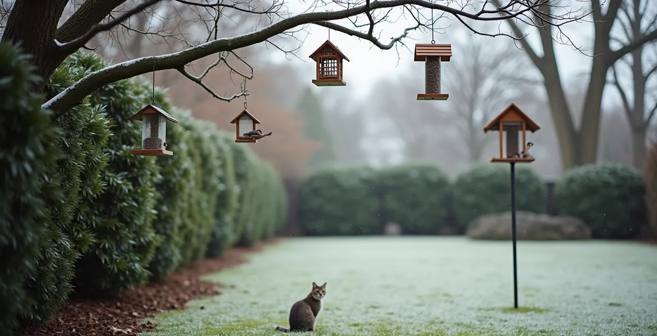 Vue d'ensemble d'un jardin hivernal montrant le placement optimal des mangeoires