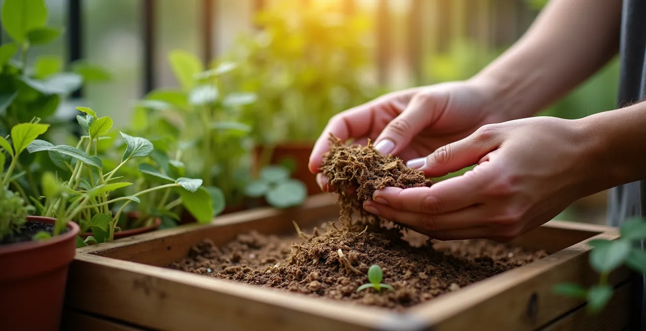 Écosystème de lombricompostage avec plantes carnivores sur un balcon urbain