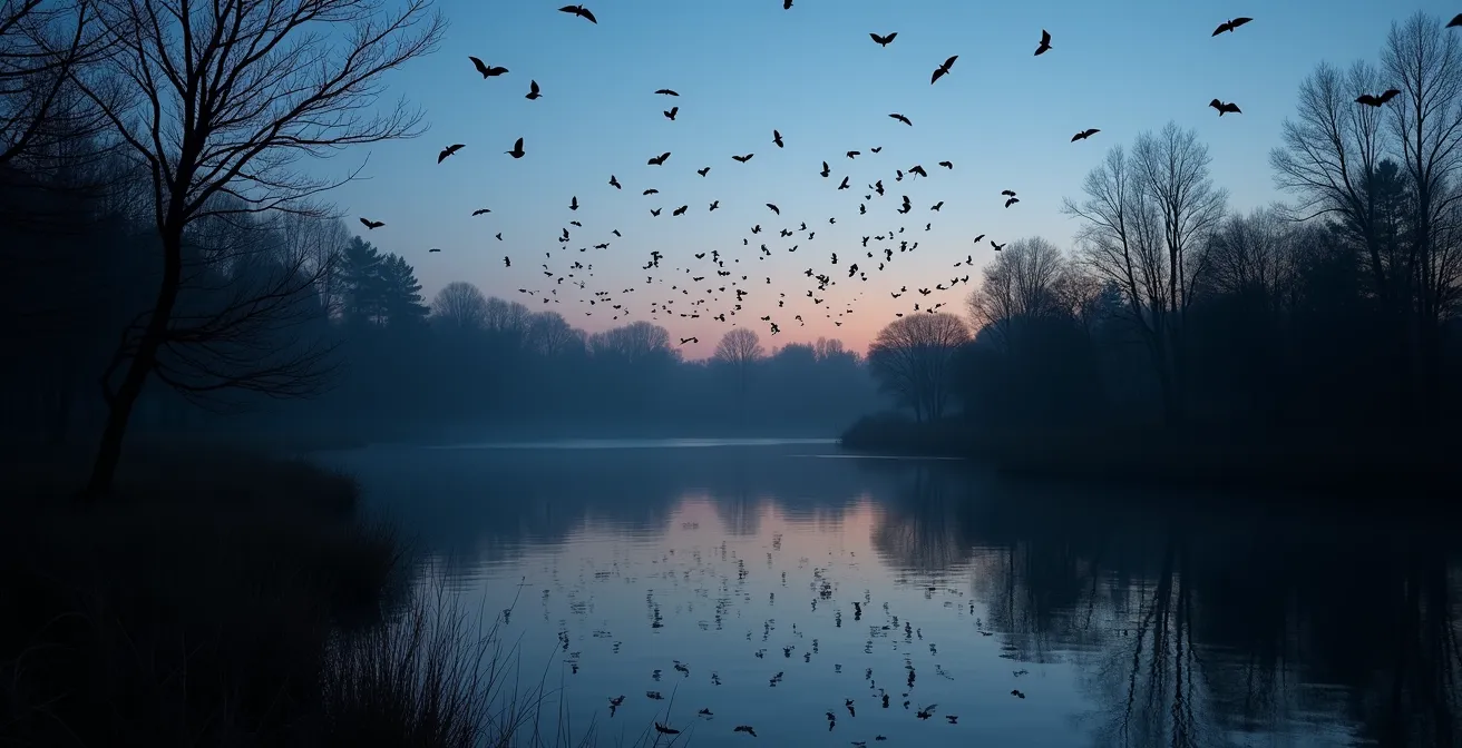 Mare naturelle au crépuscule avec silhouettes de chauves-souris chassant au-dessus de l'eau