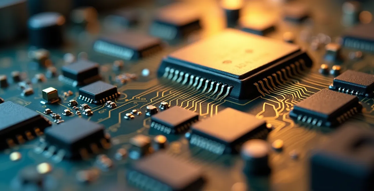 Vue macro de circuits électroniques dorés d'un smartphone démonté montrant les métaux précieux