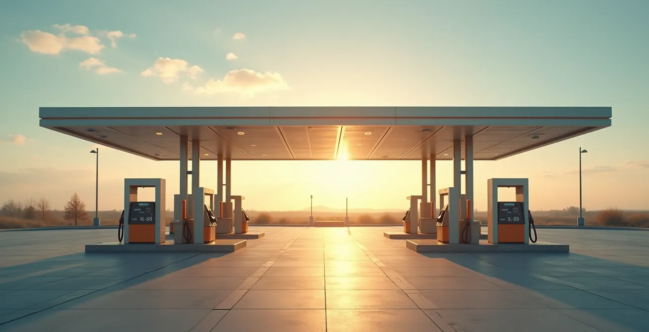 Vue large d'une station-service moderne avec plusieurs pompes à carburant sous un ciel bleu