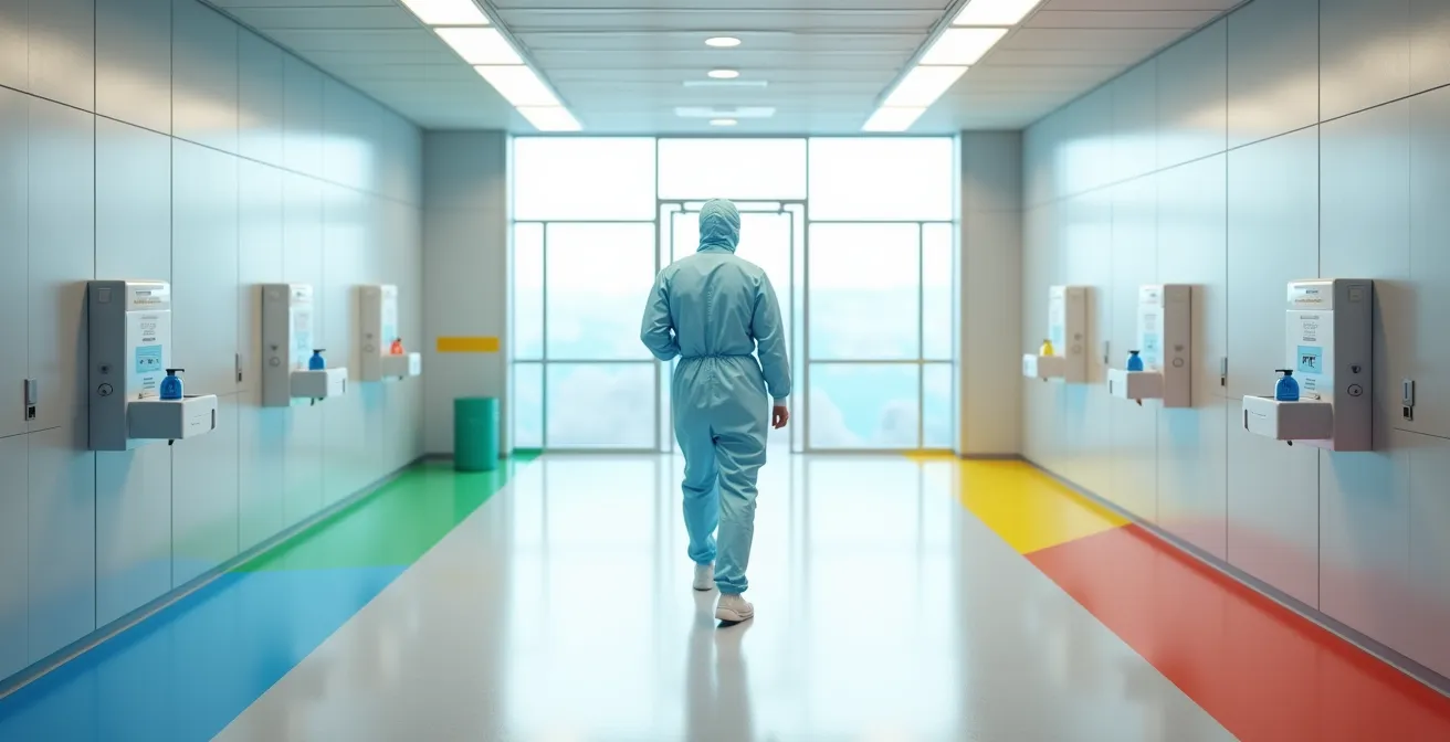 Vue d'ensemble des protocoles de biosécurité dans un centre de soins avec pédiluves et équipements de protection