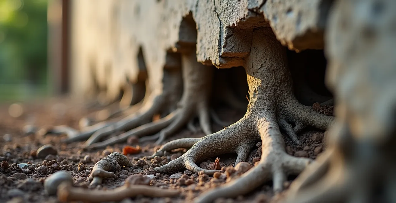 Racines d'arbre endommageant les fondations d'une propriété voisine
