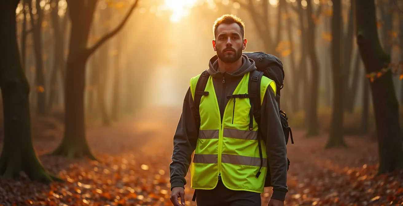 Randonneur portant un gilet fluorescent sur un sentier forestier en automne