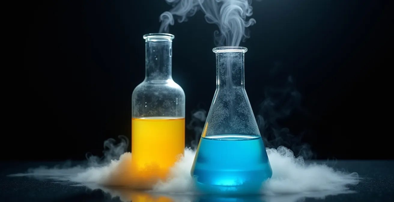 Réaction chimique dangereuse illustrée par des vapeurs toxiques s'échappant de contenants