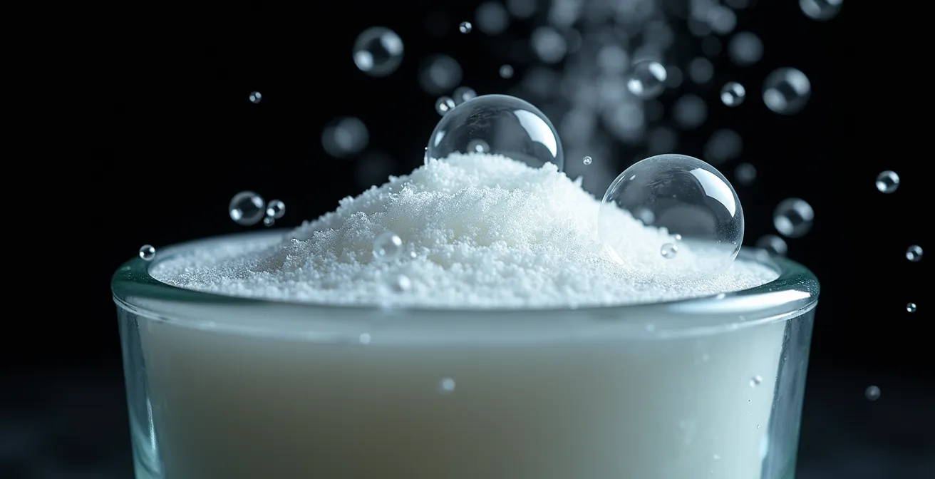 Gros plan macro sur la réaction effervescente entre vinaigre et bicarbonate dans un récipient en verre