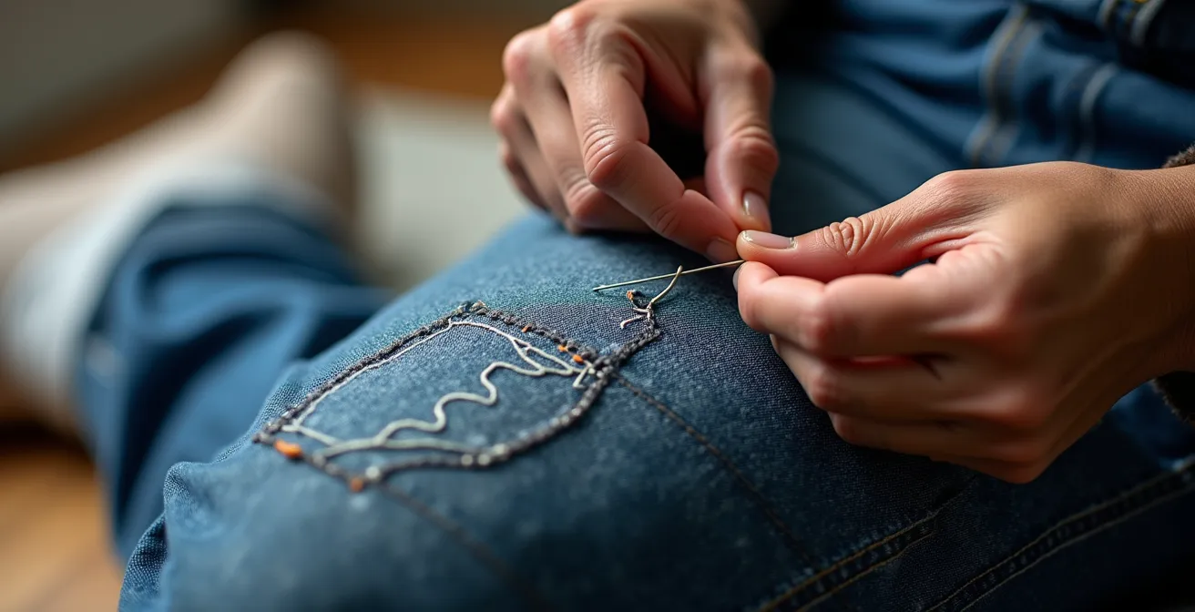 Gros plan sur une réparation Sashiko décorative sur un jean avec des points géométriques
