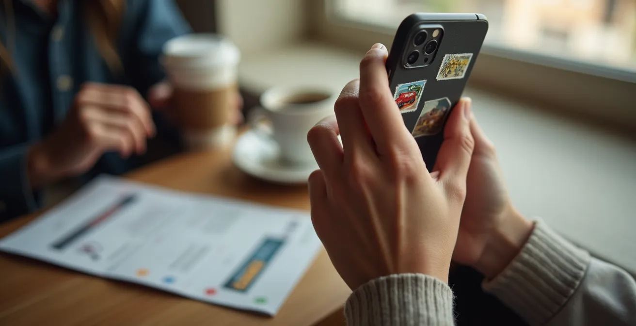 Mains tenant un smartphone montrant un calendrier de réservation avec des dates marquées, dans un café européen