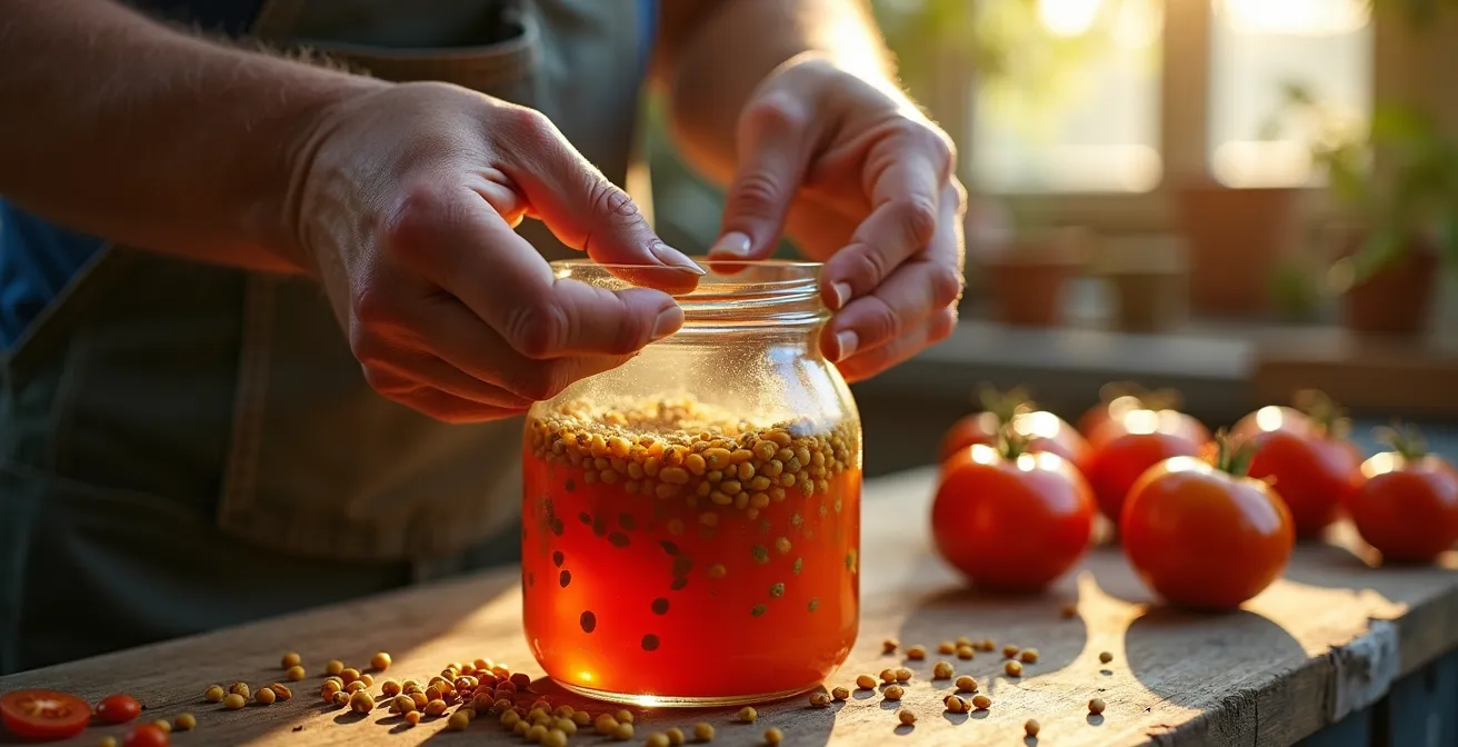 Mains sélectionnant des graines de tomates anciennes lors du processus de fermentation