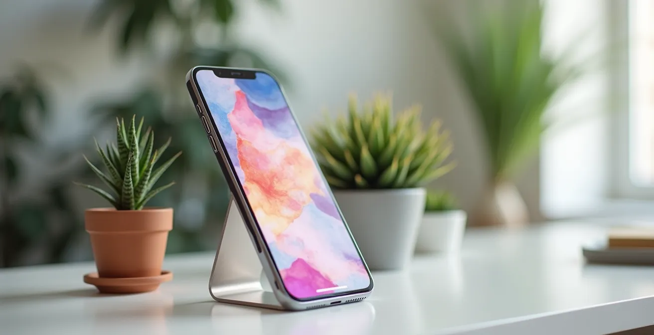 Ancien smartphone transformé en cadre photo numérique posé sur une étagère moderne avec plantes vertes