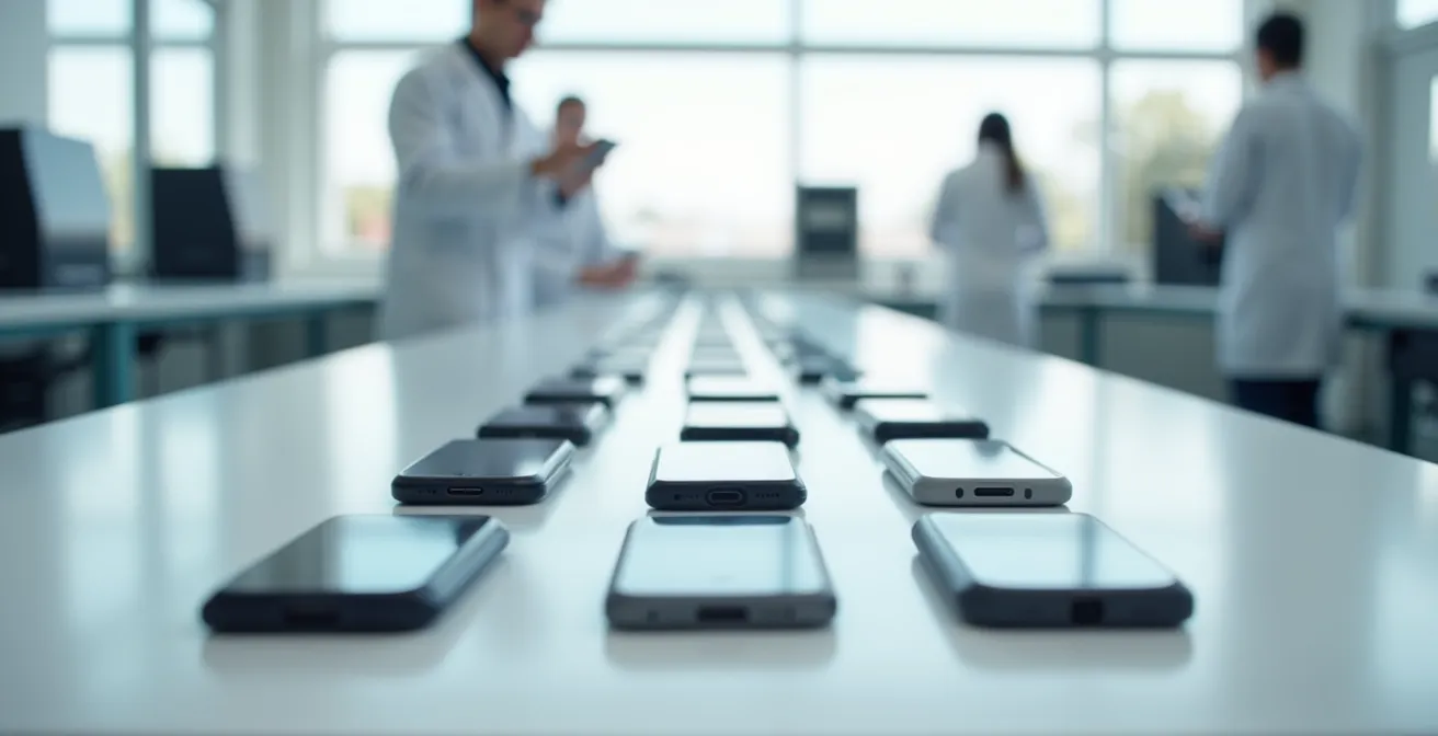 Composition minimaliste montrant des smartphones alignés dans un environnement de recyclage professionnel