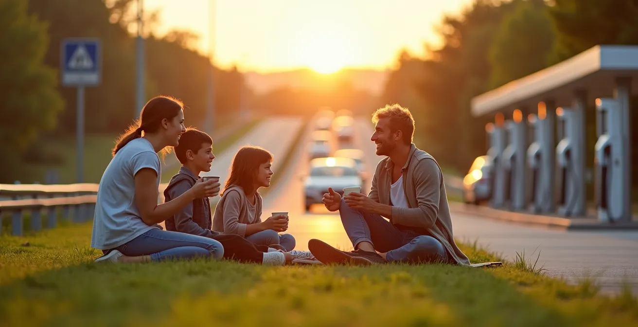 Station de recharge moderne sur aire d'autoroute avec espace détente