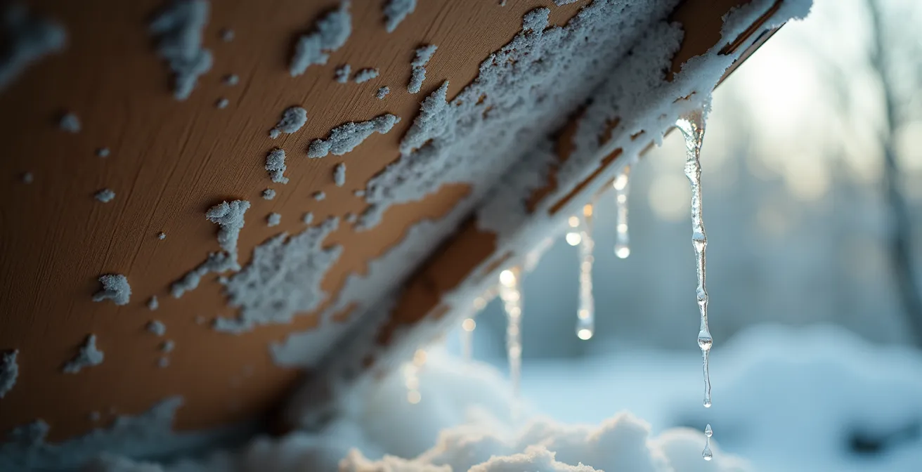 Studio sous les toits avec visualisation des ponts thermiques et des zones de déperdition de chaleur au niveau du plafond et des murs.