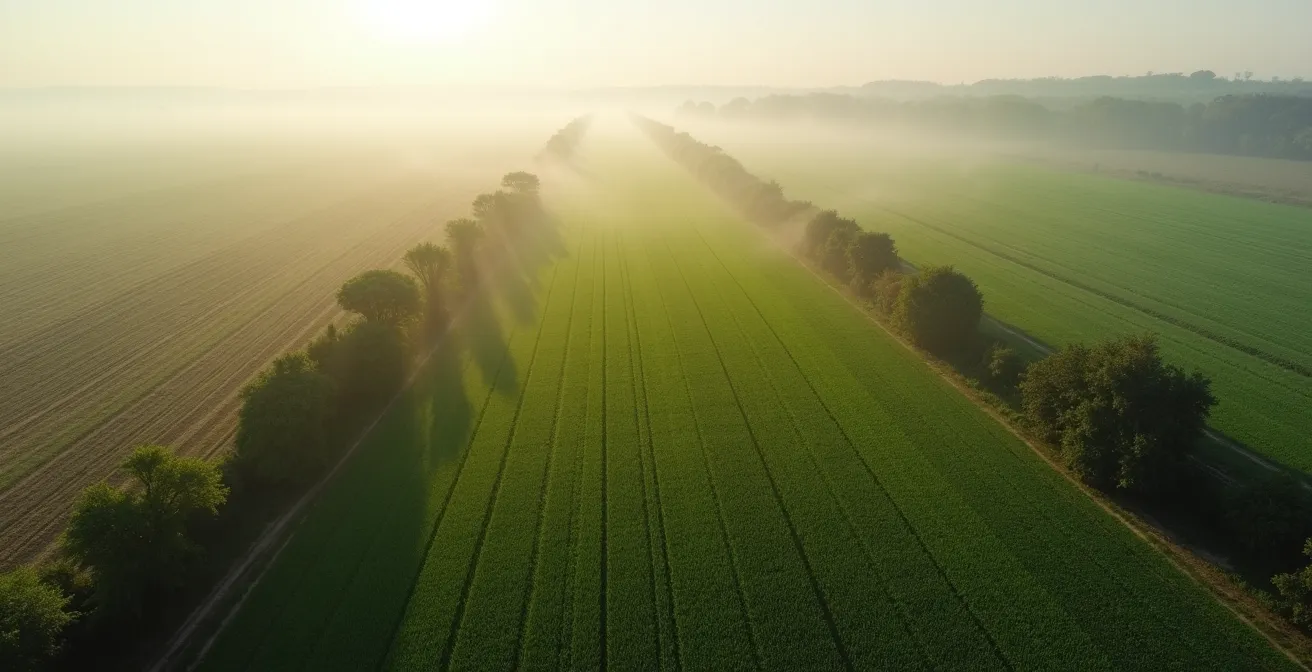 Vue aérienne d'une exploitation agricole avec haies périphériques et pulvérisation visible dans les champs