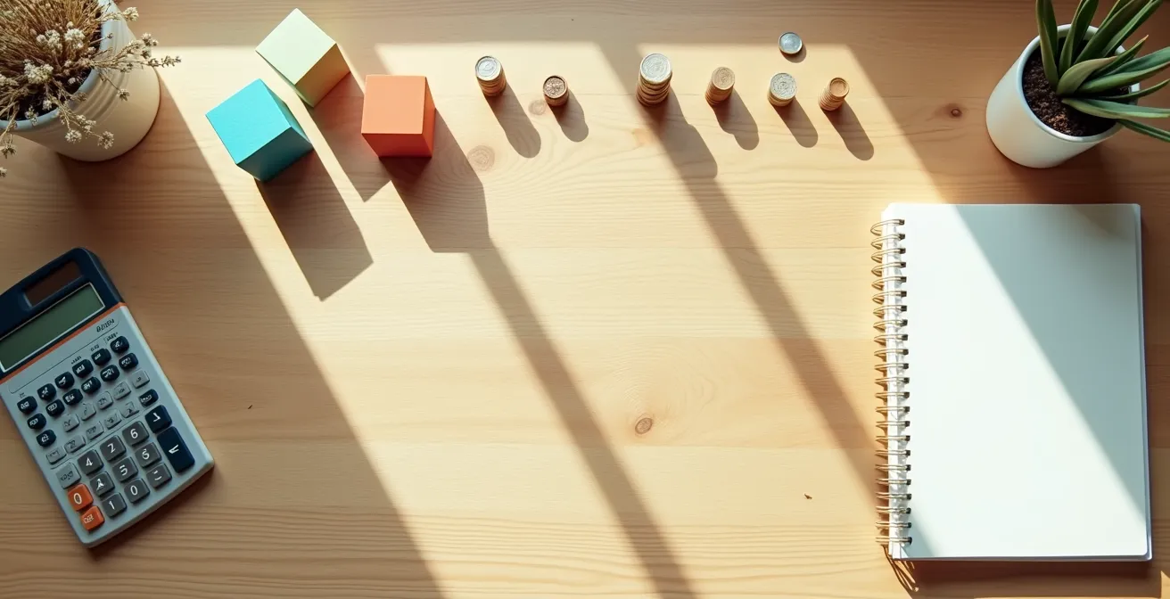 Vue aérienne d'un bureau avec calculatrice et graphiques d'économies