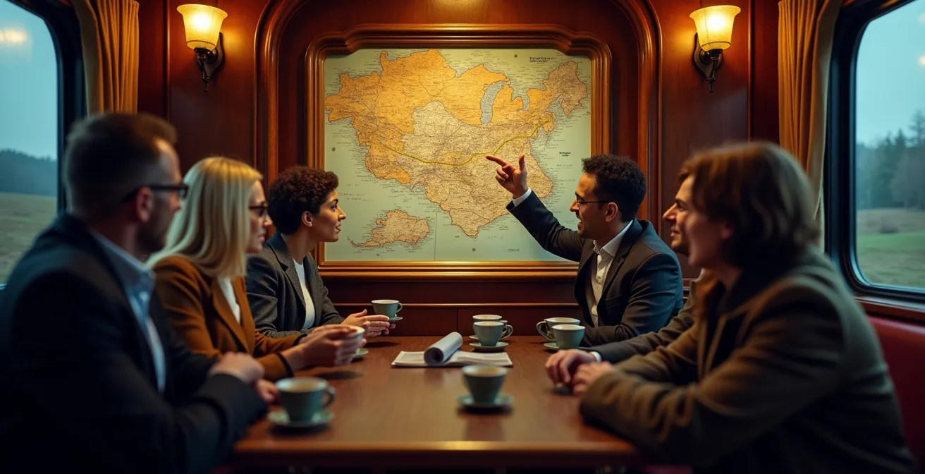 Groupe de voyageurs consultant une carte ferroviaire dans un wagon-bar de train de nuit