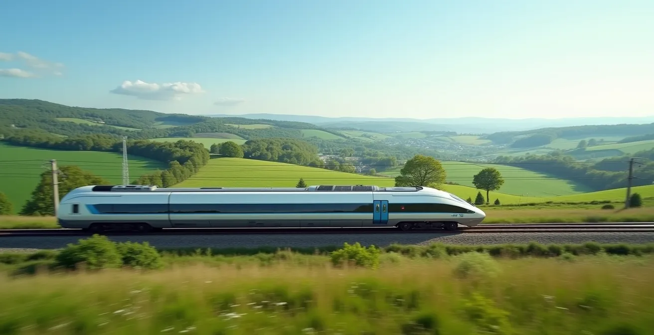 Train à grande vitesse traversant un paysage européen verdoyant