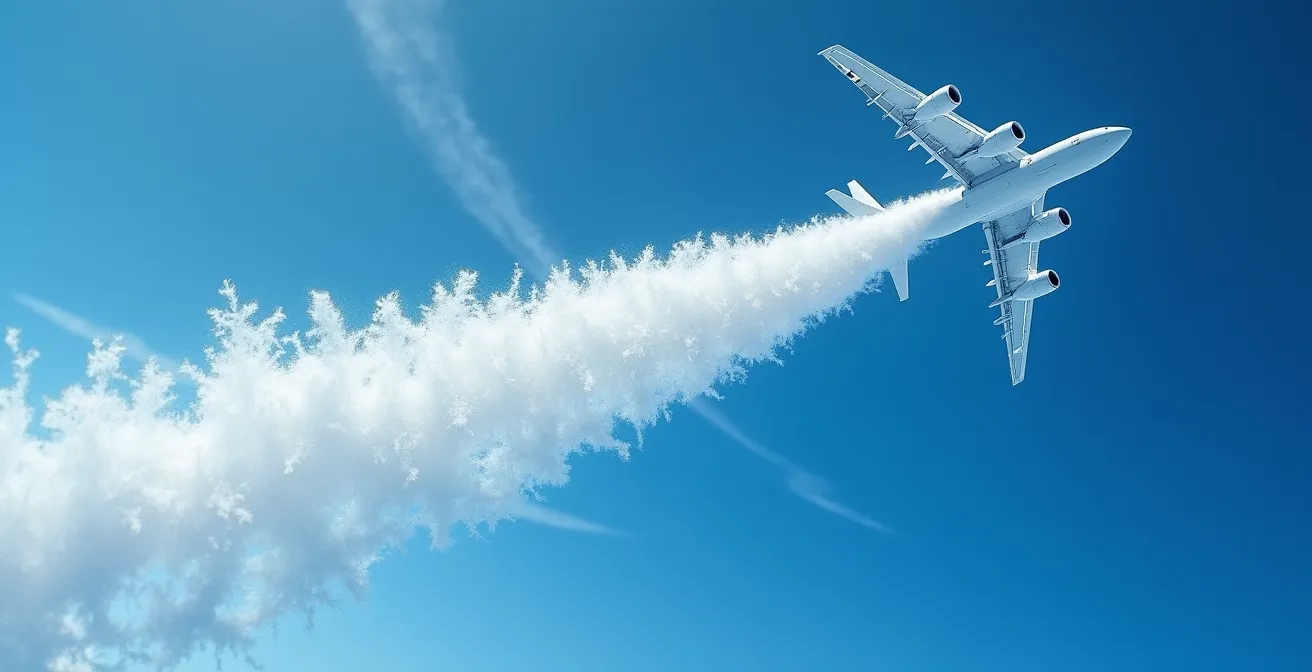Vue macro d'une traînée de condensation se transformant en cirrus dans le ciel