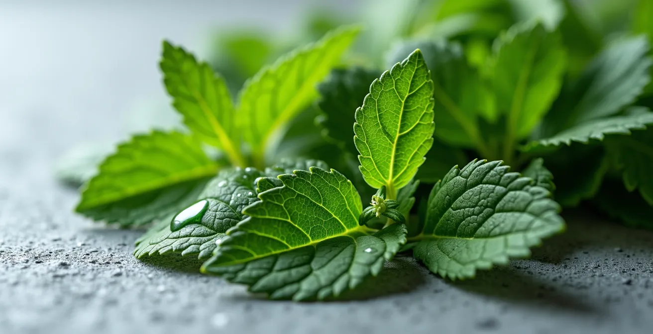 Comparaison visuelle de différentes variétés d'herbes aromatiques adaptées à l'ombre, montrant la texture des feuilles de menthe et de persil.